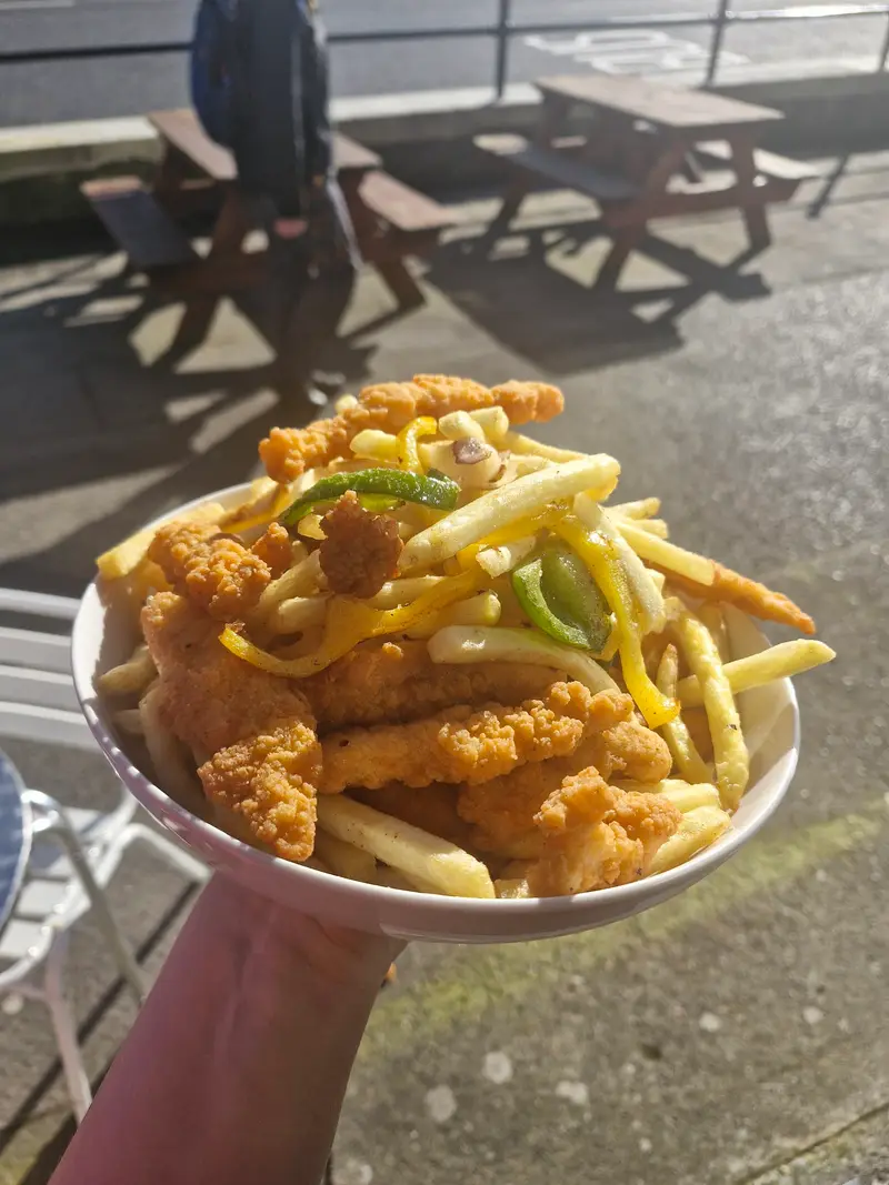 Spice bowl with crispy chicken and fries